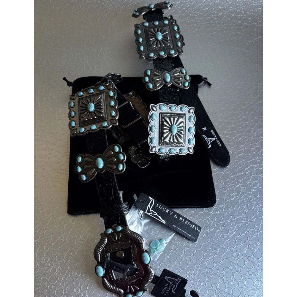 Lucky & Blessed Black Embossed Concho Belt - Size S Runs Bigger Dust Bag New
